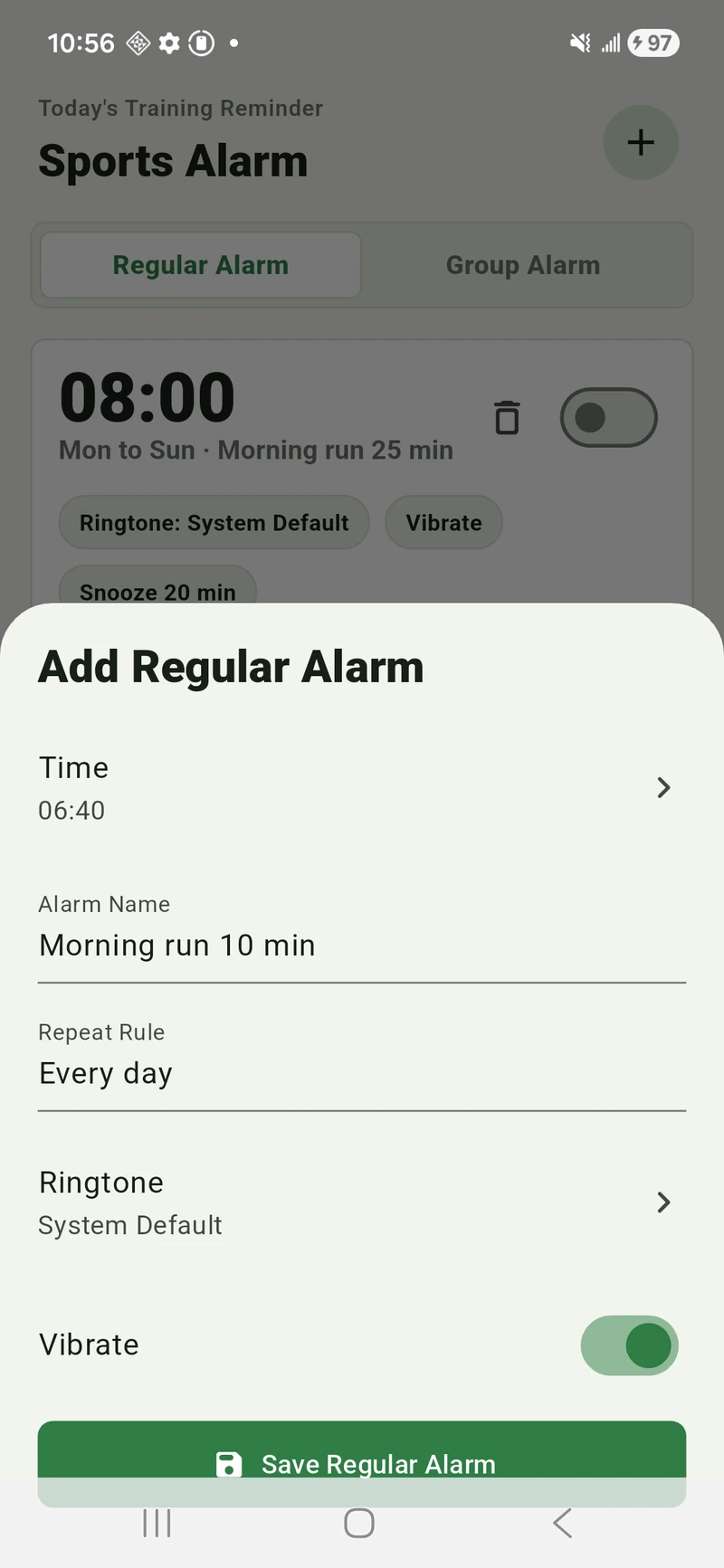 Movetic regular sports alarm setup screen