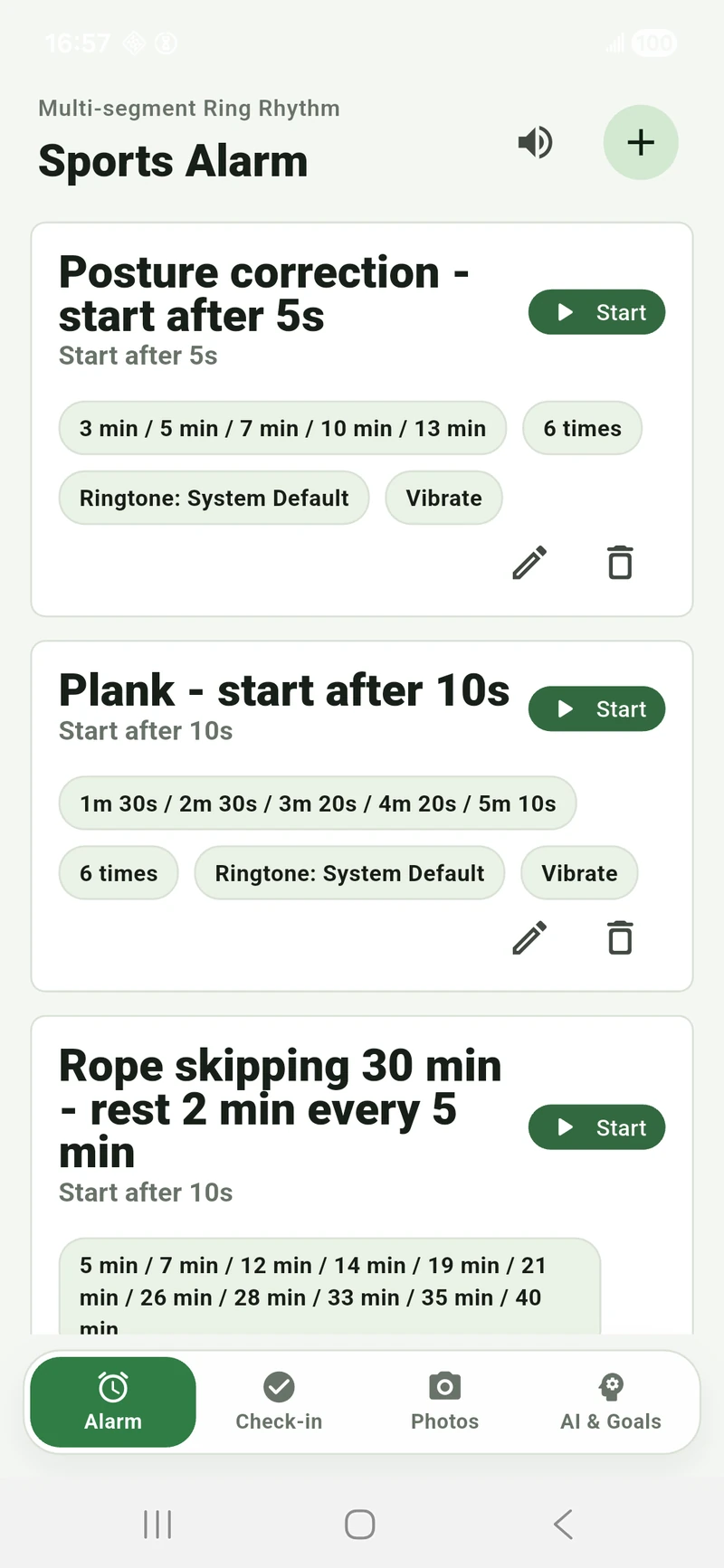 Sports Alarm screen in Movetic